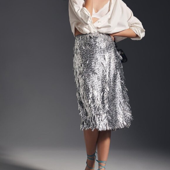 Anthropologie Sequin Fringe 3D Silver Skirt Size 4 - Picture 1 of 5